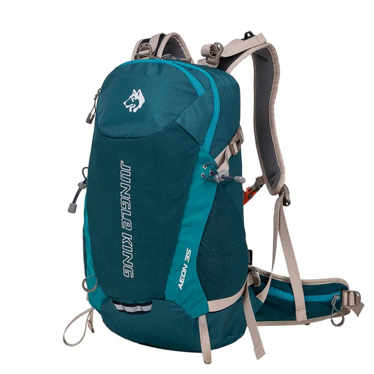 Teal hiking backpack with 'Jungle King' branding on a white background