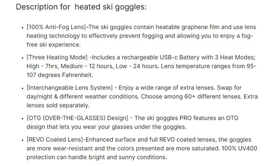 Heated Goggles Snowmobile, Anti-Fog Electric Ski Goggle with Rechargeable Battery for Adult Winter Sports Snowboard Snow Goggles