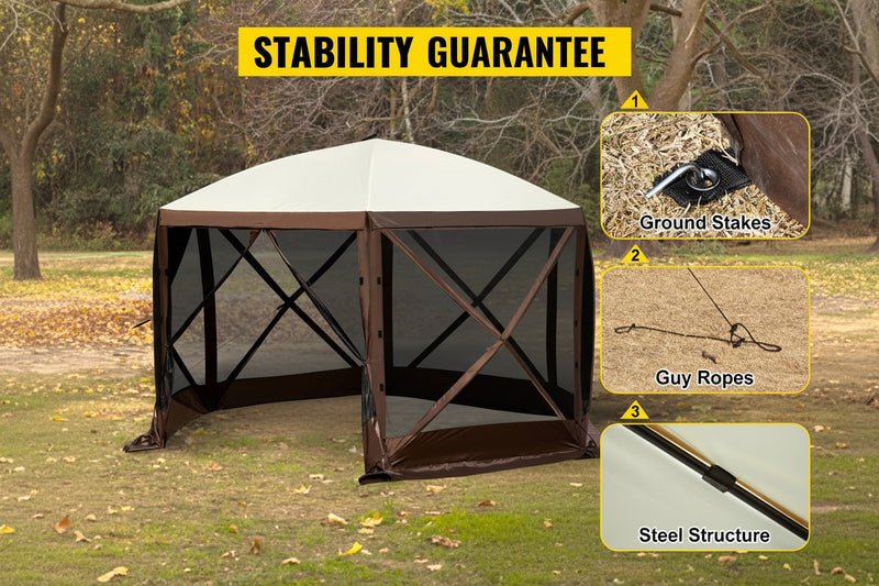 Load image into Gallery viewer, Outdoor shelter with stability guarantee features including ground stakes, guy ropes, and steel structure.
