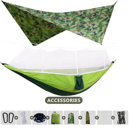 Double Camping Hammock with Mosquito Net & Rain Fly – 260x140cm Lightweight Parachute Hammock for Travel & Hiking