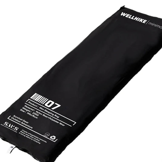 Black sleeping bag with branding on a white background