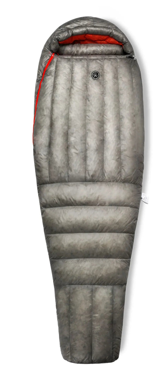 Gray sleeping bag with specifications on a white background