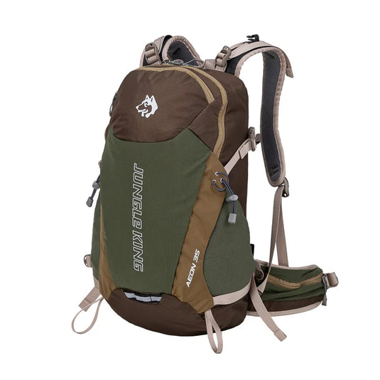 Brown and green backpack with visible brand logo on a white background