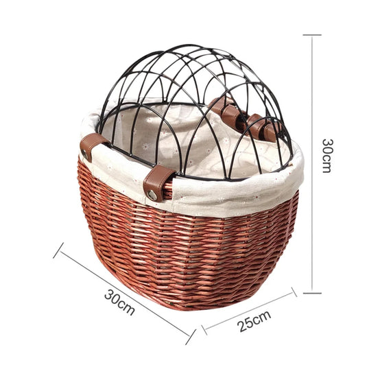 Handwoven Wicker Pet Bike Basket Waterproof Handlebar Carrier with Metal Cover for Small Dogs & Cats