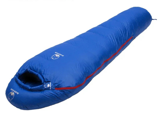Blue sleeping bag with weight information on a white background