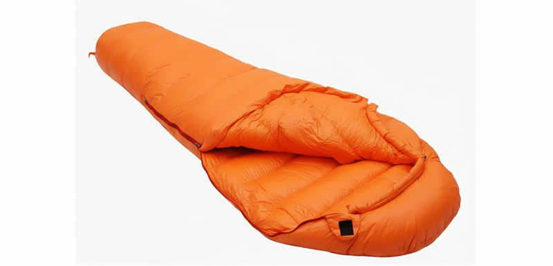 Load image into Gallery viewer, Orange sleeping bag with features highlighted on a white background
