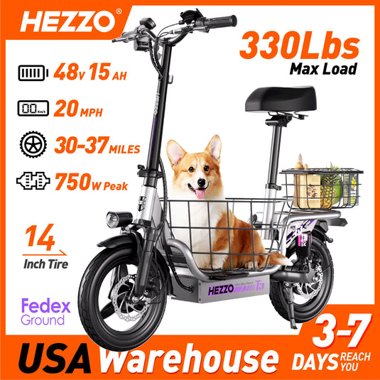 HEZZO T3 City Escooter 48V 500W 15Ah Powerful Electric Scooter Seat & Basket 20Mph 37Miles Long Range Foldable USA EU UK Stock