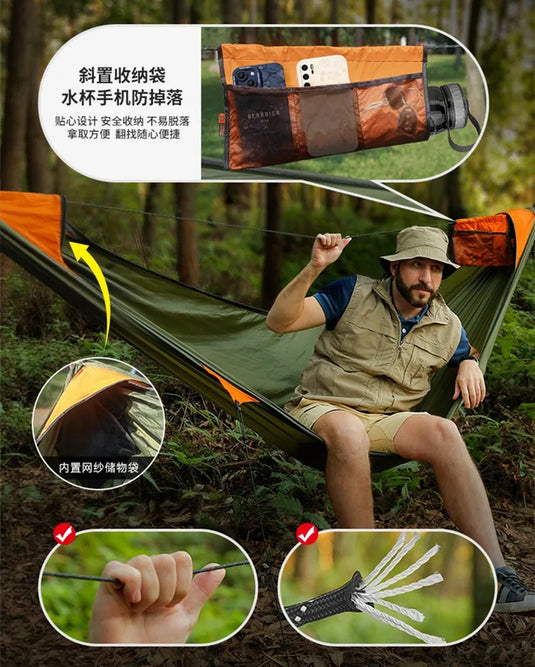 3-in-1 Outdoor Camping Hammock Set with Anti-Rollover Ridge Rope and Quick-Open Mosquito Net