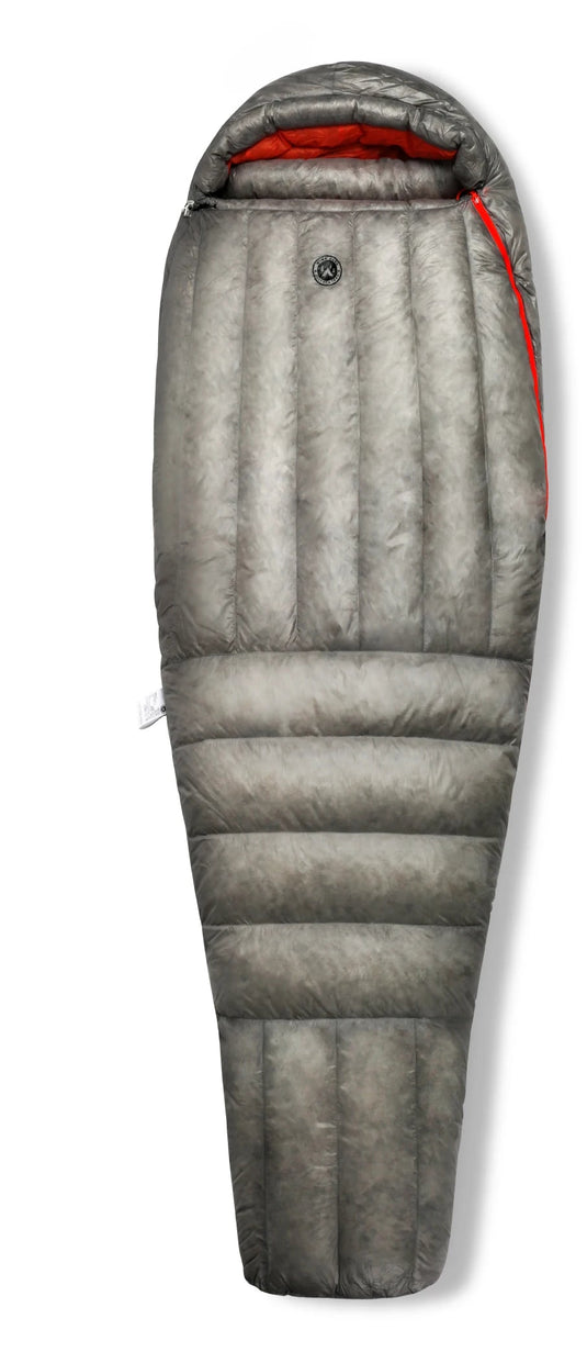 Gray sleeping bag with red interior labeled 'DUSK Regular' on a white background