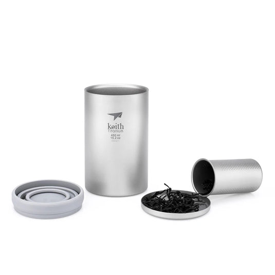Titanium Double Wall Mug with Tea Infuser | 450ml Camping Tea Coffee Maker | Titanium Strainer Cup