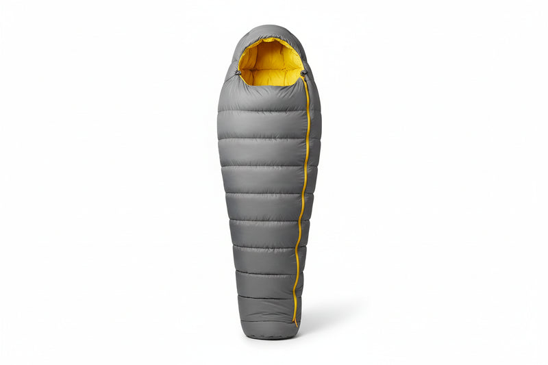 Load image into Gallery viewer, Gray sleeping bag with specifications on a white background

