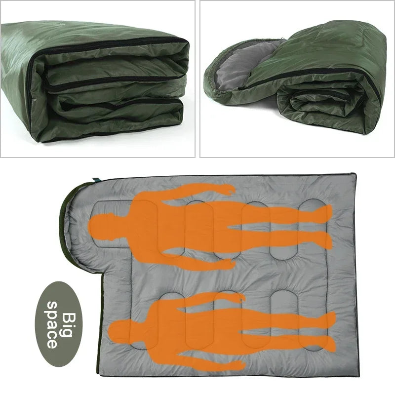 Load image into Gallery viewer, Green sleeping bag and gray inflatable mattress with orange illustrations on a white background
