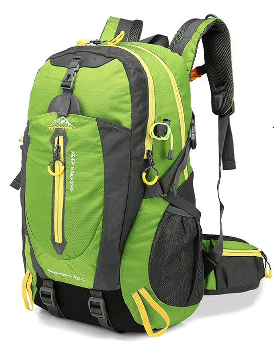 Green and black backpack with icons indicating uses for camping, trekking, day hiking, backpacking, fishing, and touring.
