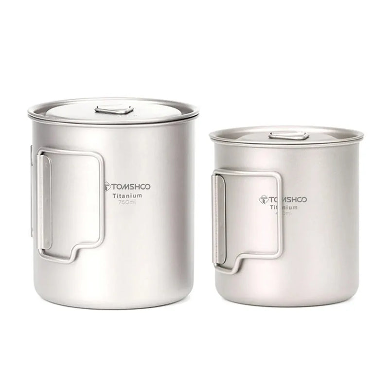 Load image into Gallery viewer, Titanium Camping Cup Mug Set | 450ml &amp; 750ml Ultralight Outdoor Cup | Foldable Handle Camp Mug
