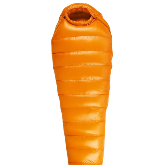 Orange sleeping bag on a white background with text indicating weight and filling.