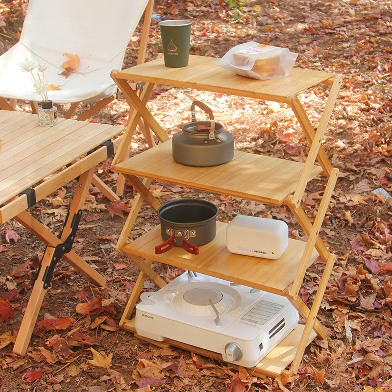 Load image into Gallery viewer, Bamboo Folding Camping Storage Rack | Multi-Layer Portable Outdoor Shelf | Foldable Camp Table
