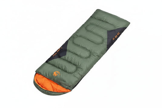 Green and orange sleeping bag with dimensions on a white background