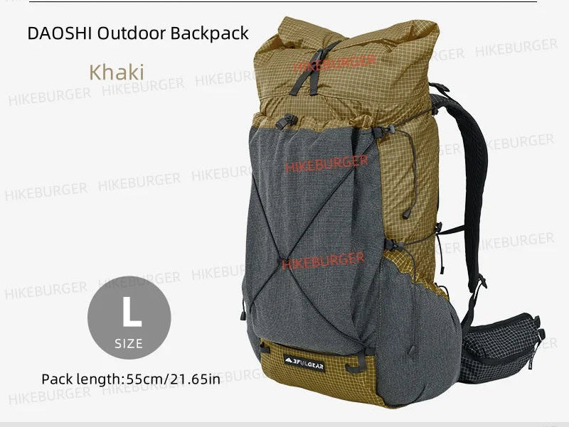 Load image into Gallery viewer, Khaki and gray outdoor backpack with visible branding on a white background
