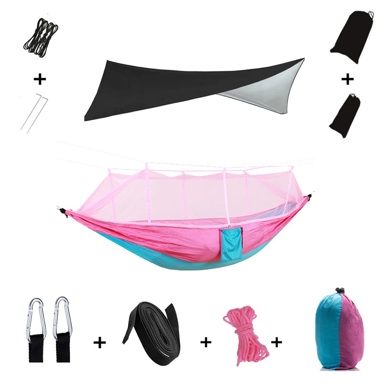 Load image into Gallery viewer, 2-in-1 Hammock with Mosquito Net &amp; Rain Tarp – Portable Survival Shelter for Camping &amp; Outdoor Use
