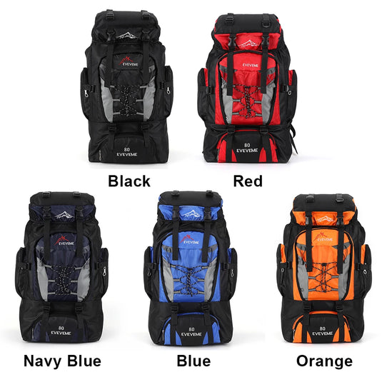 Five backpacks in black, red, navy blue, blue, and orange on a white background.