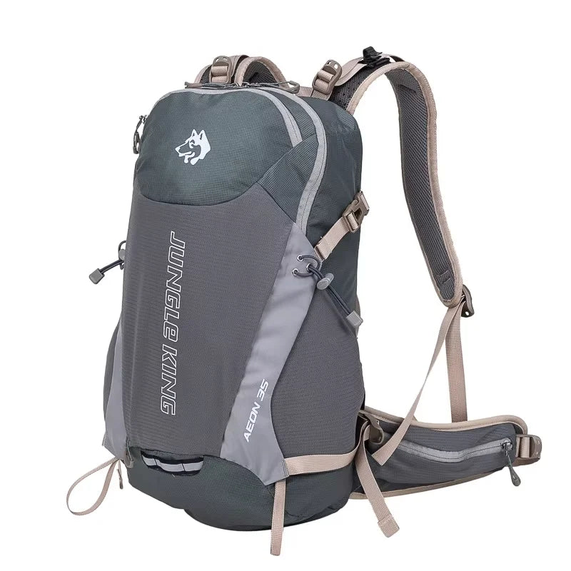 Load image into Gallery viewer, Gray and beige backpack with visible branding on a white background
