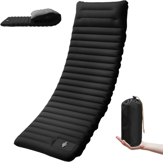 Black inflatable camping mat with a carrying bag on a white background