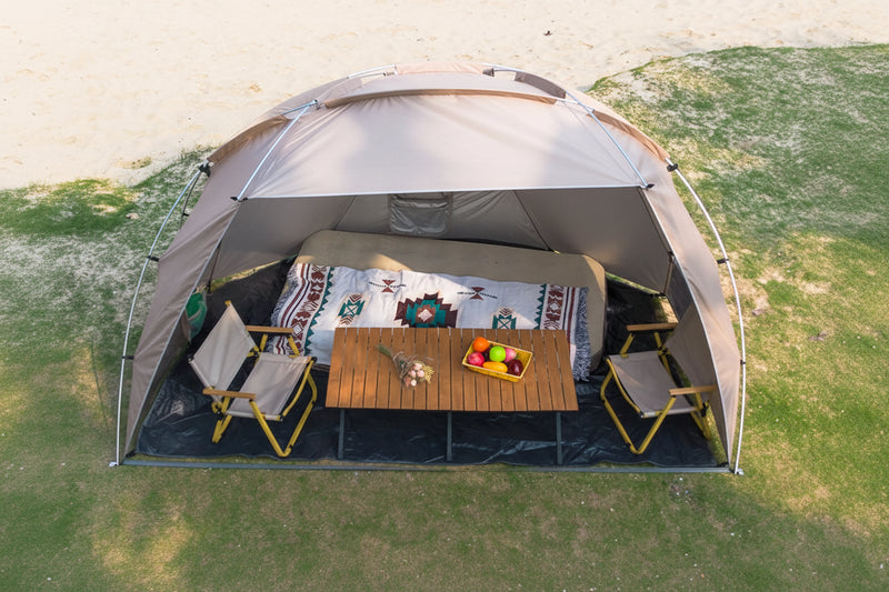 Load image into Gallery viewer, Large beach canopy tent for 4-8 people set up at the shoreline with aluminum pole frame
