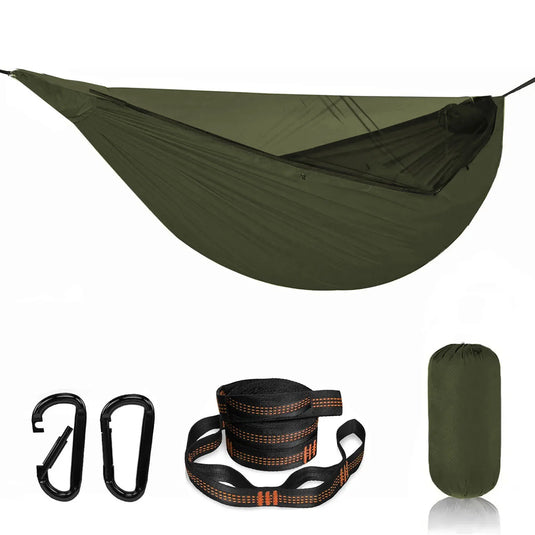 Green hammock set with straps, carabiners, and carrying bag on a white background