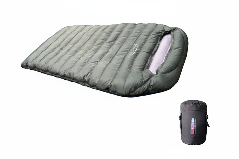 Load image into Gallery viewer, Gray sleeping bag with dimensions and product parameters on a white background
