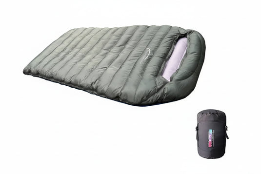 Gray sleeping bag with dimensions and product parameters on a white background