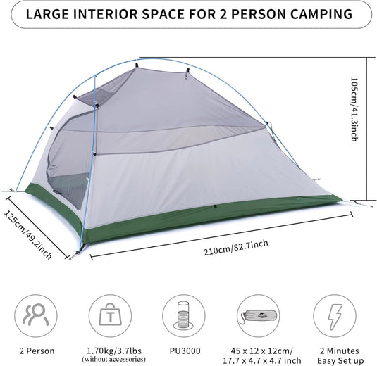 Naturehike Cloud Up 2-Person Ultralight Camping Tent – Waterproof, Easy Setup Backpacking Shelter for Hiking & Beach Adventures