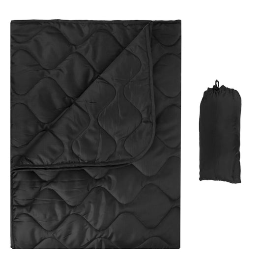 Black quilted blanket with a folded black bag on a white background
