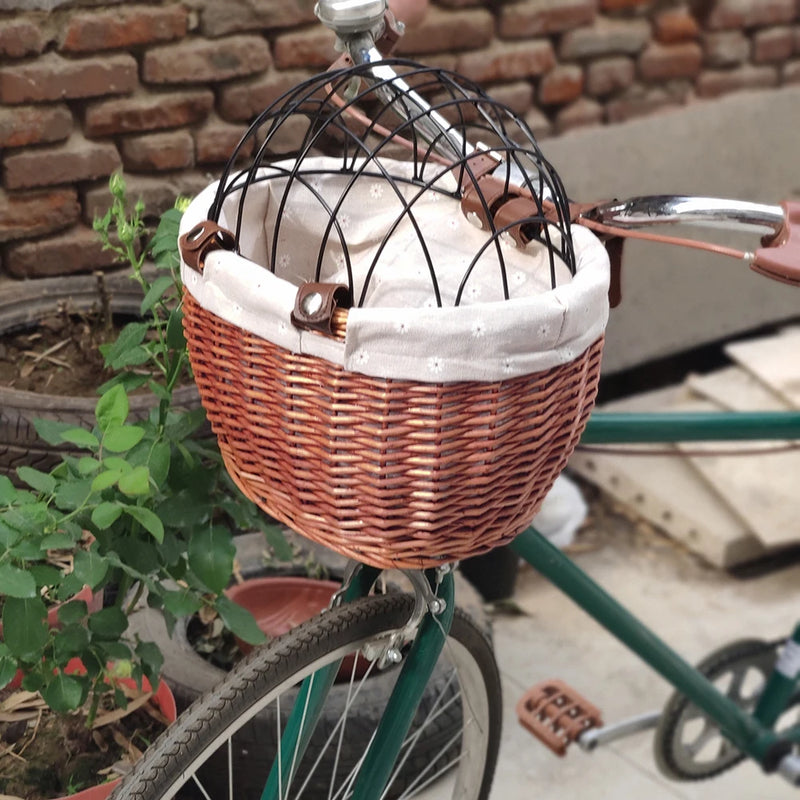 Load image into Gallery viewer, Handwoven Wicker Pet Bike Basket Waterproof Handlebar Carrier with Metal Cover for Small Dogs &amp; Cats
