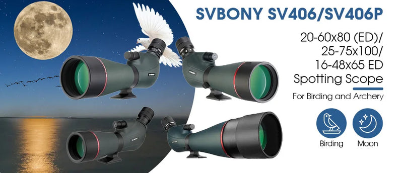 Load image into Gallery viewer, SVBONY  SV406/SV406P ED Spotting Scope 20-60x80/25-75X100/16-48X65 Dual Focus IPX7 Waterproof for BirdWatching Archery
