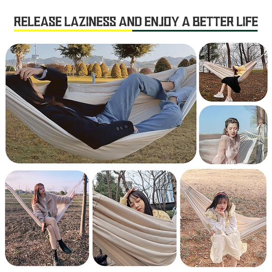 White Canvas Camping Hammock – 150×190cm Double Swing Bed (No Stick Design)