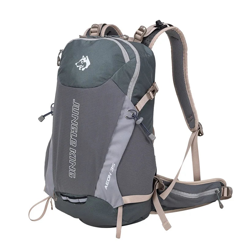Load image into Gallery viewer, Gray and beige backpack with visible branding on a white background
