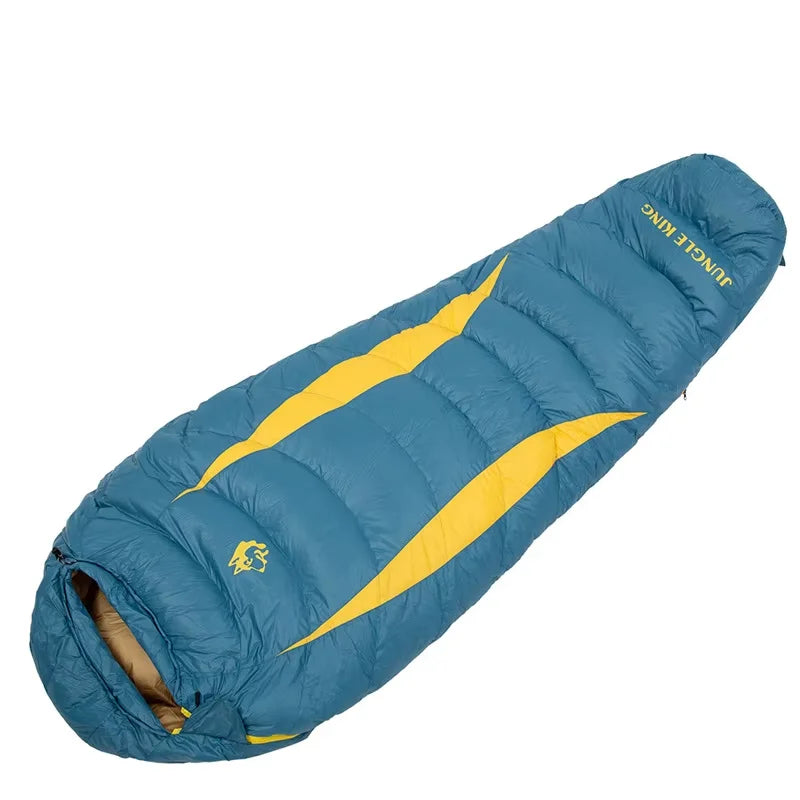 Load image into Gallery viewer, Blue and yellow sleeping bag with a brand logo on a white background
