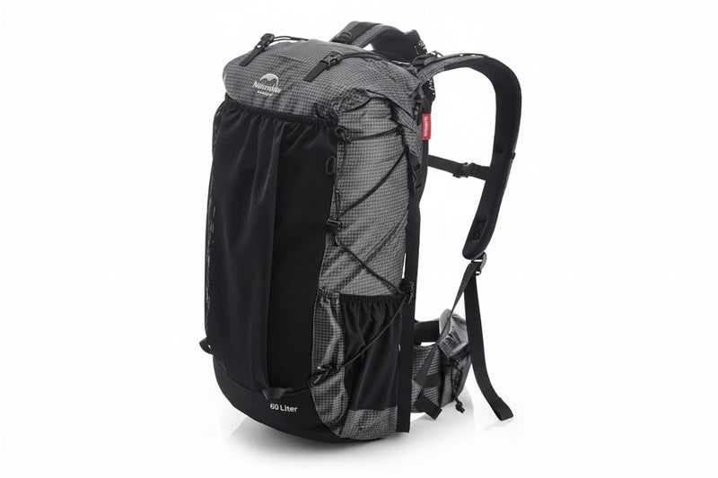 Load image into Gallery viewer, Black and gray backpack with Naturehike branding and specifications on a white background
