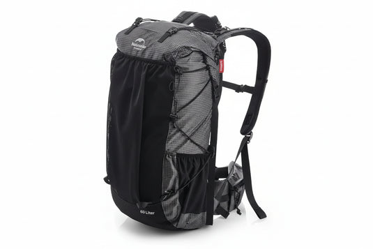 Black and gray backpack with Naturehike branding and specifications on a white background