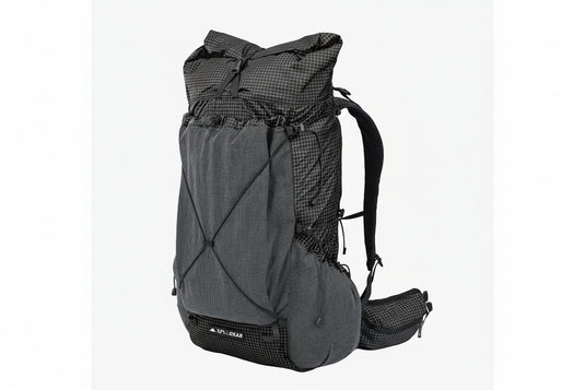 Black outdoor backpack with visible brand logo on a white background