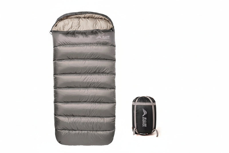 Load image into Gallery viewer, Gray sleeping bag with size, weight, and comfort temperature information on a white background
