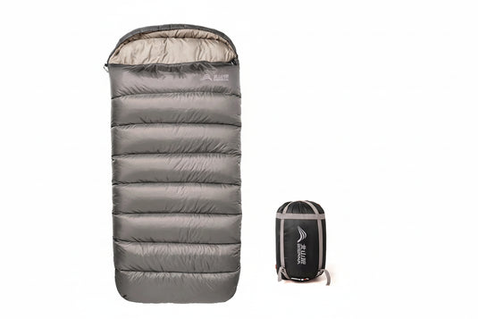 Gray sleeping bag with size, weight, and comfort temperature information on a white background