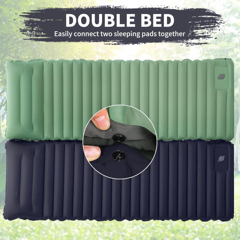Load image into Gallery viewer, Inflatable sleeping pad with green top and black bottom, showing connection mechanism.
