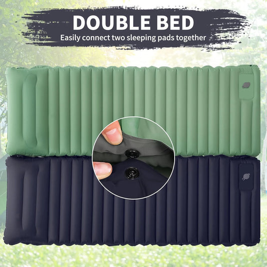 Inflatable sleeping pad with green top and black bottom, showing connection mechanism.