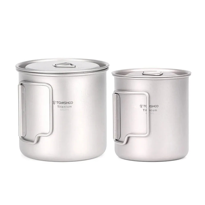 Load image into Gallery viewer, Titanium Camping Cup Mug Set | 450ml &amp; 750ml Ultralight Outdoor Cup | Foldable Handle Camp Mug
