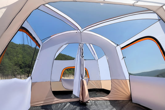 Camping tent with a 360-degree starry sky window, showing breathable and mosquito repellent features.