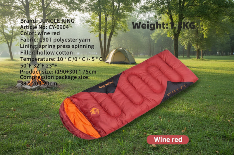 Load image into Gallery viewer, Wine red sleeping bag with product details on a white background
