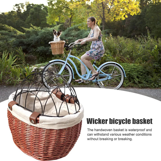 Handwoven Wicker Pet Bike Basket Waterproof Handlebar Carrier with Metal Cover for Small Dogs & Cats