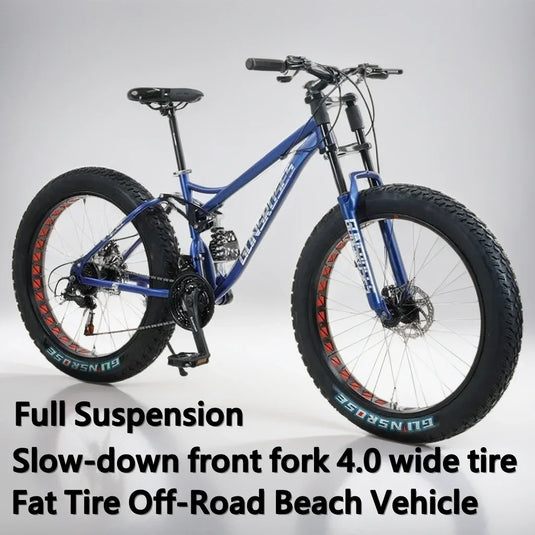 24/26-Inch 4.0 Fat Tire Full Suspension Mountain Bike – Soft-Tail Frame, 27-Speed, Dual Disc Brake, Snow & Beach Ready