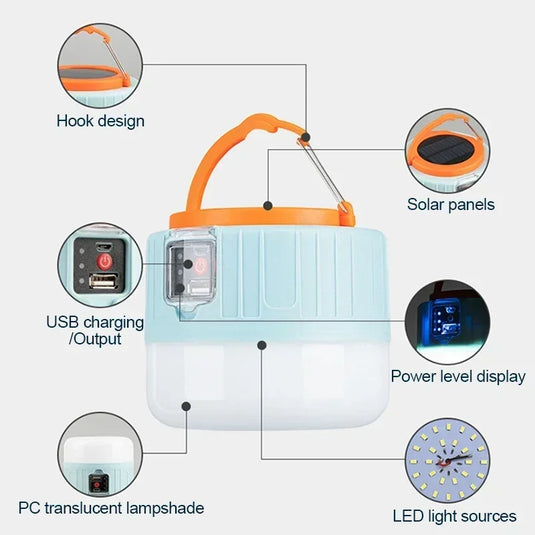 Solar USB Rechargeable LED Camping Lantern | IPX6 Waterproof Portable Tent Light | Emergency Lamp